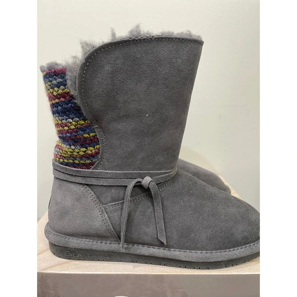 Bearpaw Maggie Charcoal Grey Suede Knit Back Winter Boots 2116W Womens 9